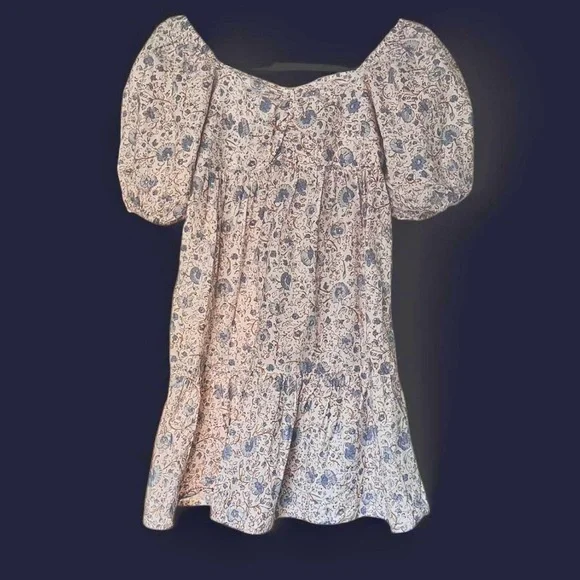 Billabong Be Mine Babydoll Dress XS Floral Blue Brown Puff Sleeve Ruffled EUC - Picture 3 of 7